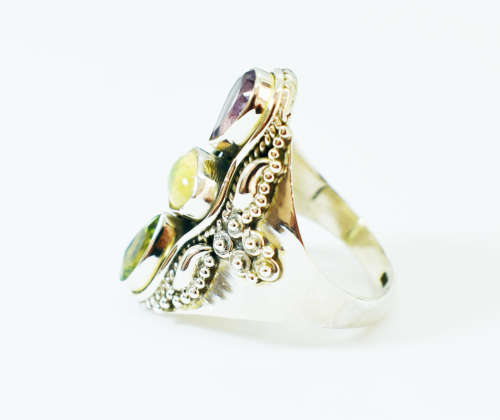 Natural Amethyst, Ethiopian Opal, and Peridot Sterling Silver Ring - Size R