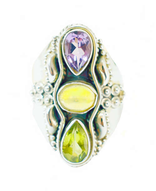 Natural Amethyst, Ethiopian Opal, and Peridot Sterling Silver Ring - Size R