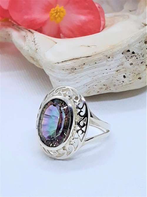Natural Rainbow Mystic Topaz Sterling Silver Ring - Size R