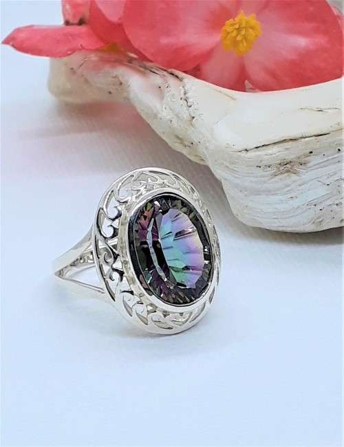 Natural Rainbow Mystic Topaz Sterling Silver Ring - Size R