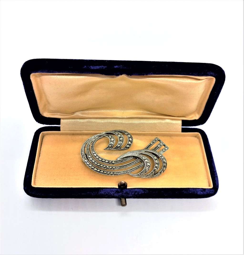 Art Deco Sterling Silver Marcasite Brooch in Original  Box
