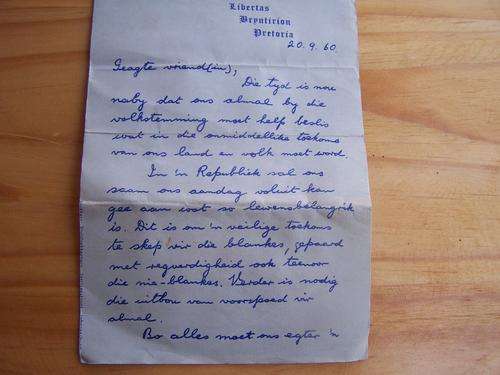 ORIGINAL LETTER WRITTEN BY H.F. VERWOERD
