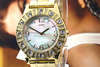 EXQUISITE! NEW GUESS GOLD SWAROVSKI MOTHER OF PEARL LADIES WATCH