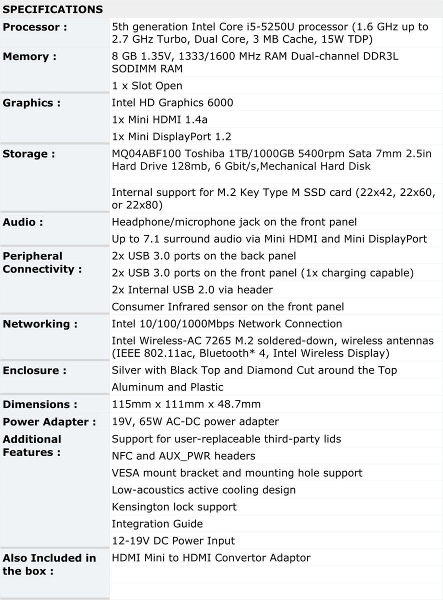Intel NUC5I5RYH NUC i5-5250U 1.6 GHz to 2.7 GHz 8GB RAM 1TB HDD PC + Free HDMI Mini to HDMI Adaptor