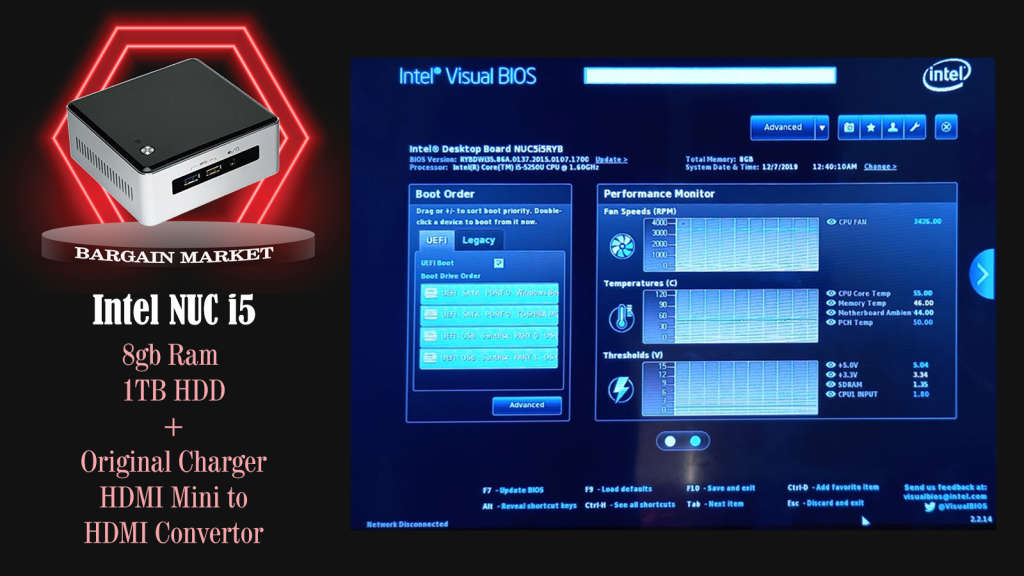 Intel NUC5I5RYH NUC i5-5250U 1.6 GHz to 2.7 GHz 8GB RAM 1TB HDD PC + Free HDMI Mini to HDMI Adaptor