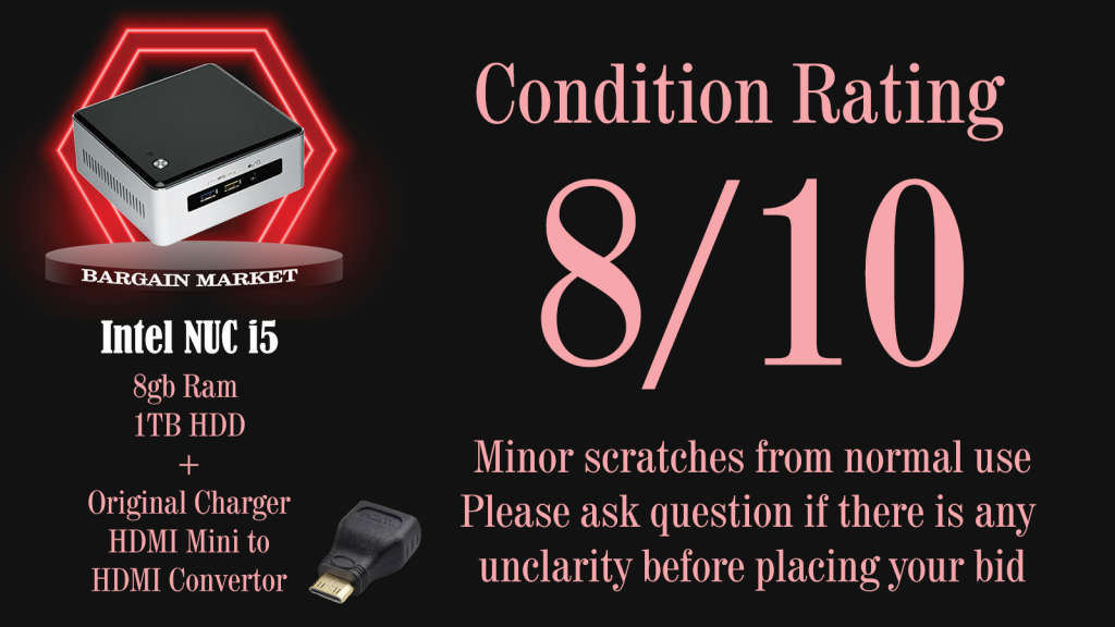 Intel NUC5I5RYH NUC i5-5250U 1.6 GHz to 2.7 GHz 8GB RAM 1TB HDD PC + Free HDMI Mini to HDMI Adaptor