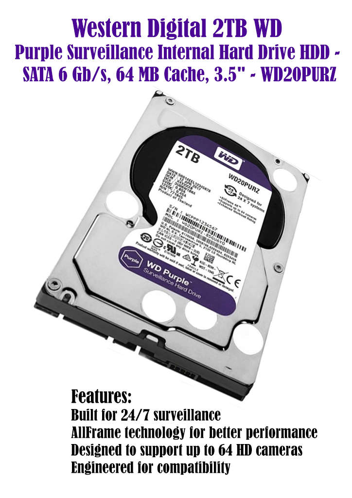 Western Digital 2TB WD Purple Surveillance Internal Hard Drive HDD - SATA 6 Gb/s, 64 MB Cache, 3.5"