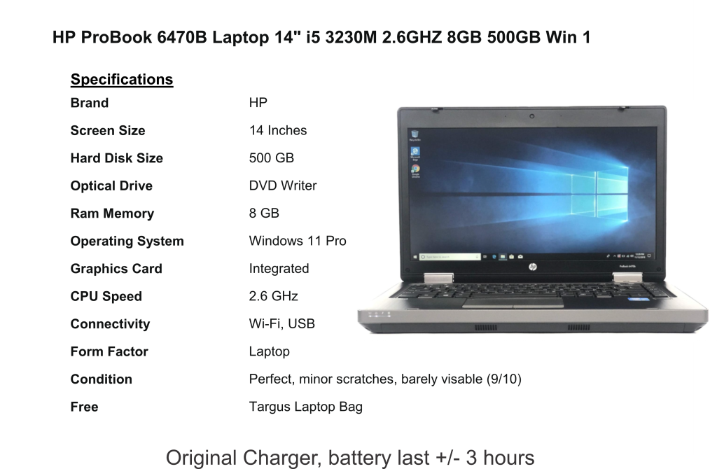 HP ProBook 6470b Laptop 14" Intel i5-3230M 2.6GHz 8GB 500GB HDD Win11 + Free Laptop Bag