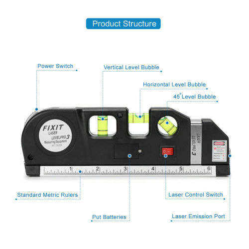 3-in-1 Laser Level Pro 3 - Laser & Spirit Leveling - Standard & Metric Rulers - Measuring Tape