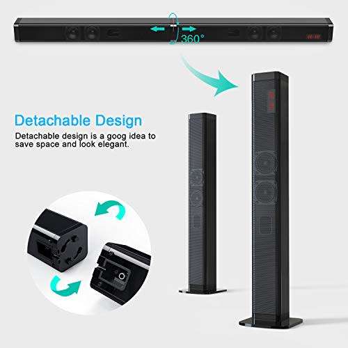 2-in-1 Detachable 40W Wireless Bluetooth 5.0 Soundbar Speaker - Wireless/USB/TF/TV/Aux In