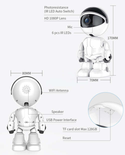 5MP Portable Smart Wifi Robot IP / Nanny Camera - Two Way Audio - HD - Motion Detection