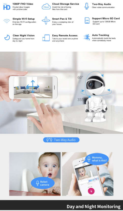 5MP Portable Smart Wifi Robot IP / Nanny Camera - Two Way Audio - HD - Motion Detection