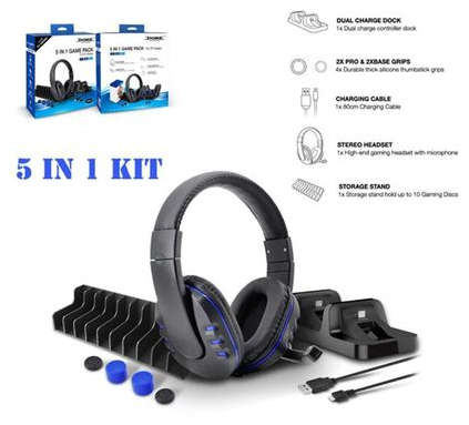 5-in-1 Gaming Pack - Stereo Headset with Mic - Storage Stand - Dual Charge Dock - Suitable for PS4