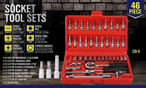 46pc CRV 1/4" Drive Socket Ratchet Set - Star / Hex / Torx Bits - Cary Case Included