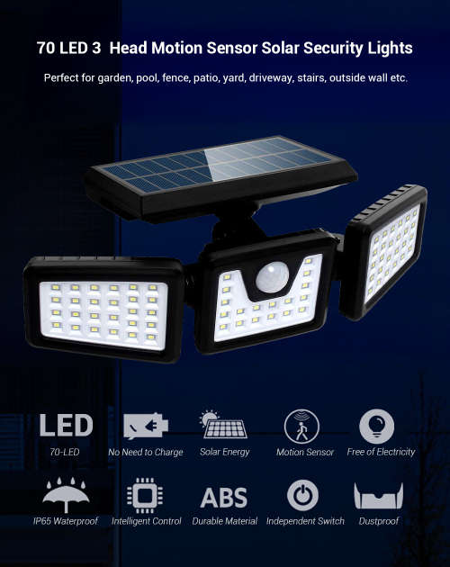 30W LED Solar Flood Light - 3 Adjustable Heads - 3 Modes - 2400mAH battery