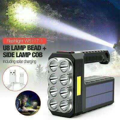 Solar + USB Charged Multifunctional Searchlight - 8 LED + COB - 3 Modes - Super Bright