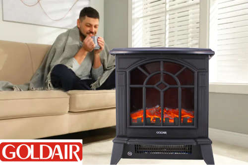 Goldair Electric Fireplace Heater - 2 Heat Settings - Free Standing - Real Log Flame Effect
