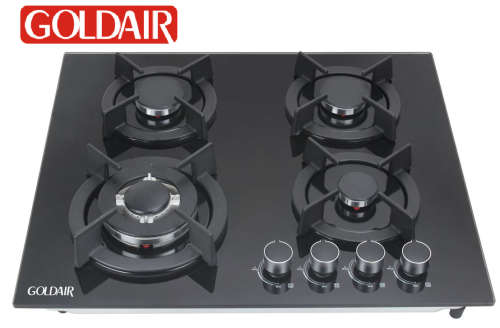 Goldair 4 Burner Gas Hob - Cast Iron Pan Support - Tempered Glass - Metal Knobs - Battery Ignition
