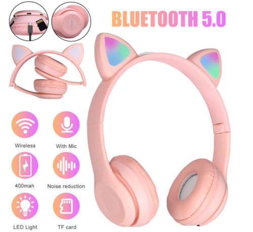 Cat LED Bluetooth 5.0+EDR Foldable Wireless Headphones - TF Card Compatible