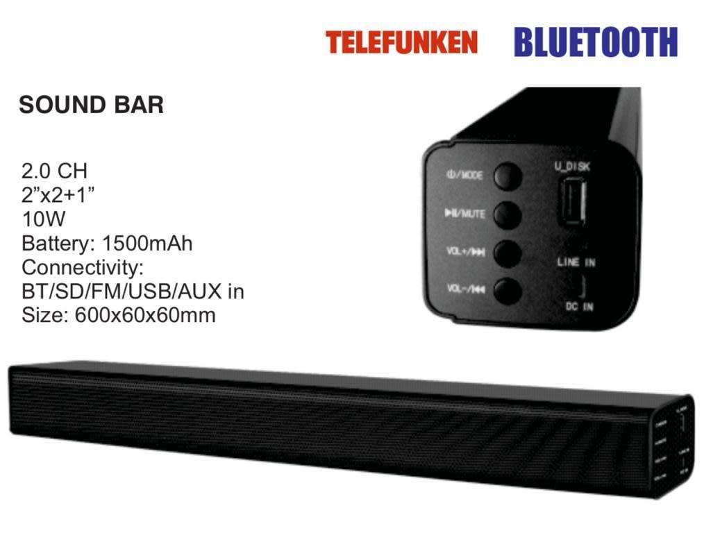 Telefunken 2.0CH Soundbar - Bluetooth - FM Radio - USB - Aux In - SD