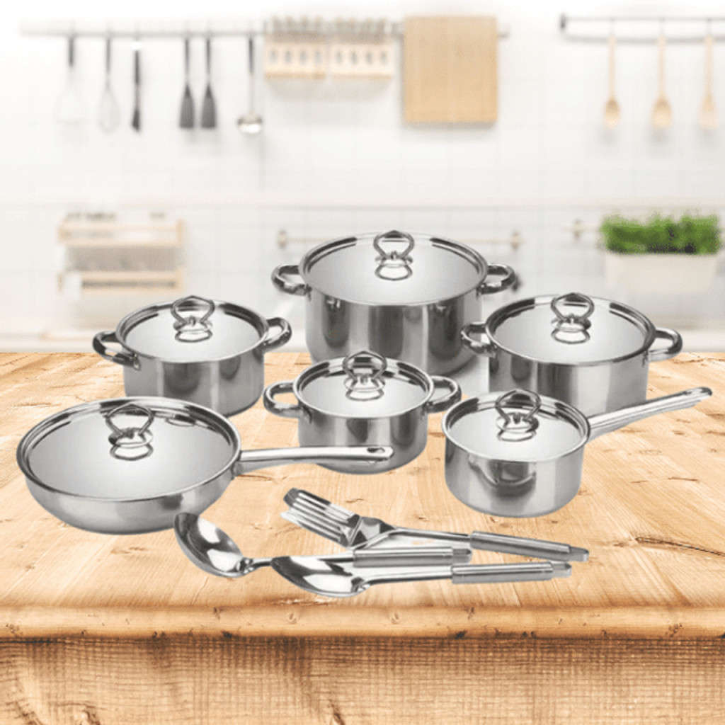 Complete 15 piece Stainless Steel Cookware Set with Utensils