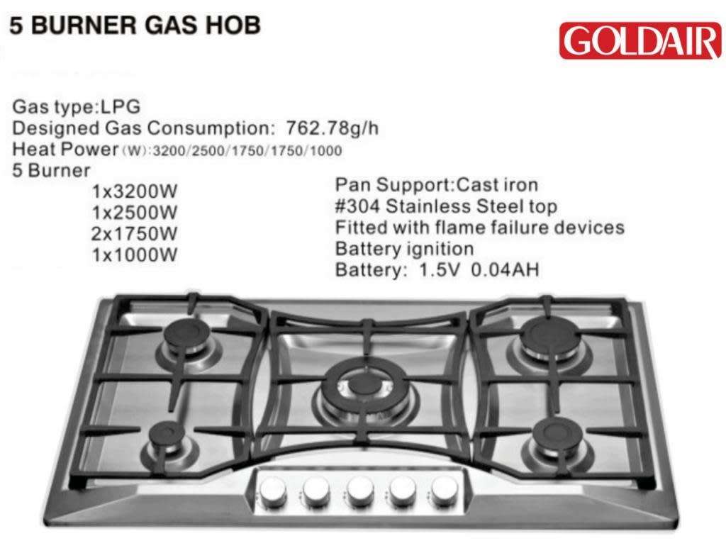 Goldair 5 Burner Gas Hob - Cast Iron Pan Support - Battery Ignition - Stainless Steel Top