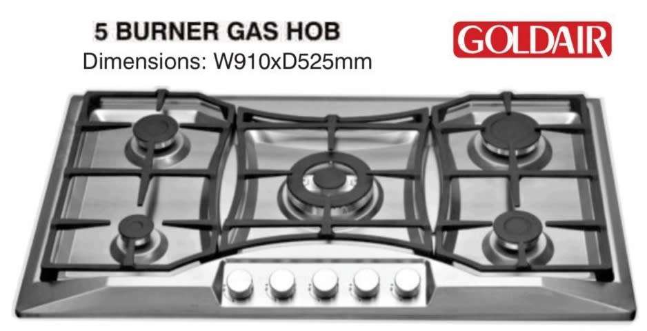 Goldair 5 Burner Gas Hob - Cast Iron Pan Support - Battery Ignition - Stainless Steel Top