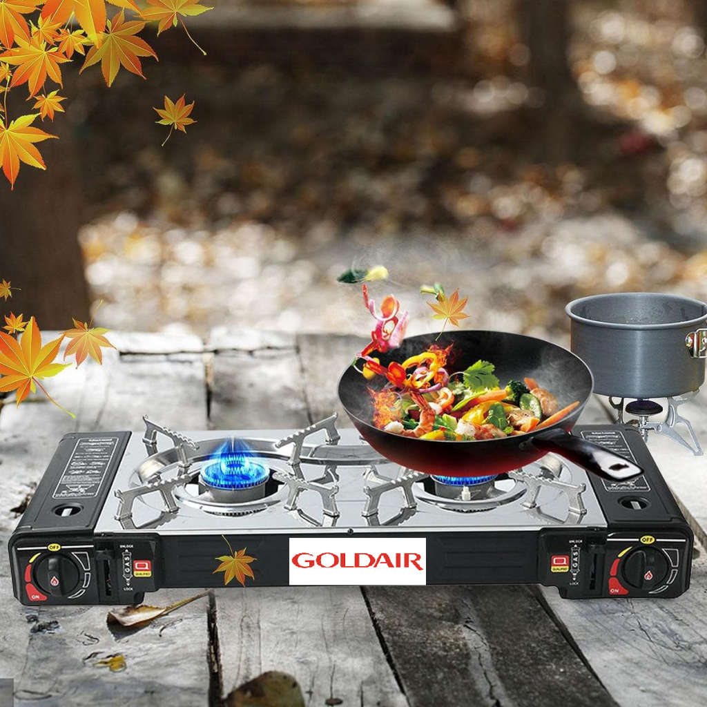 Goldair 2 Burner Portable Camping Gas Stove - Electric Ignition - Butane Gas