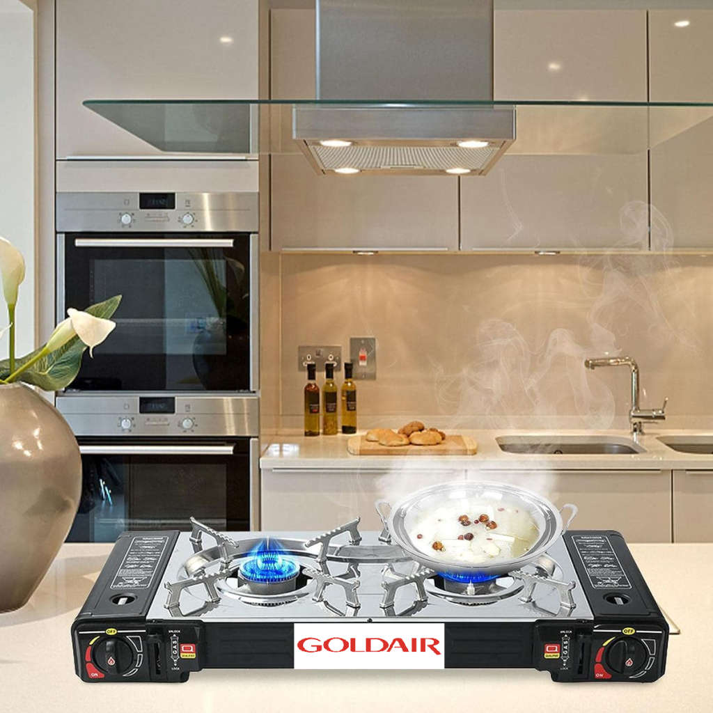 Goldair 2 Burner Portable Camping Gas Stove - Electric Ignition - Butane Gas