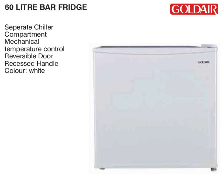 Brand New - GoldAir 60L Bar Fridge - Sealed in a Box - White