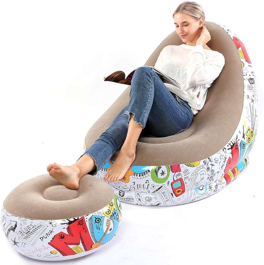 Retro Inflatable Lazy Inflatable Lounge Chair / Sofa With Ottoman - Various Colours