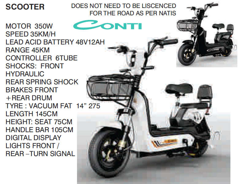 Conti 350W Electric Scooter/Moped - Black - DOES NOT NEED TO BE LICENSED FOR THE ROAD AS PER NATIS