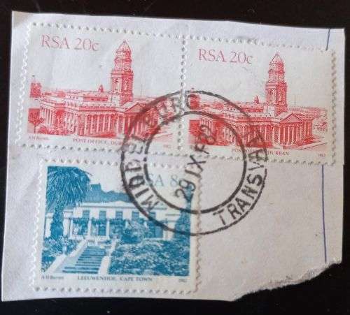 RSA 1982 -1987 South African Architecture 20c pair & 8cc on piece Middelburg Cancellation
