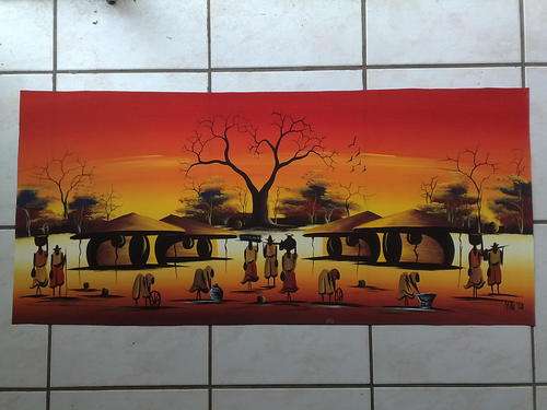 Original Acrylic Painting on Canvas African Village, & People  110cm x 50cm