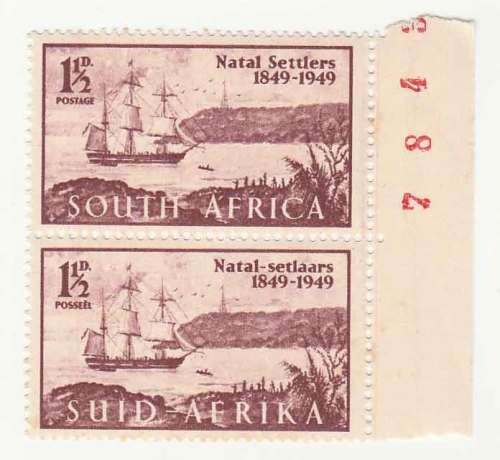 Union. SACC126. Natal Settlers. Sheet number block.