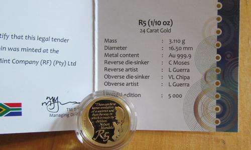 2013 Protea Nelson Mandela Life of a Legend R5 (1/10 OZ) 24CARAT GOLD