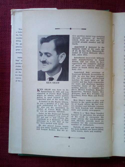 Snooker: Against the Nap by Ken Shaw. 1st ed 1965 signed. H/C with jacket. 160 pp.
