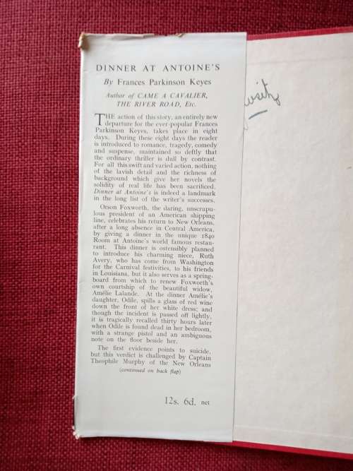 Dinner at Antoine´s by Frances Parkinson Keyes. 1st edition 1948. H/C with jacket. 377 pp.