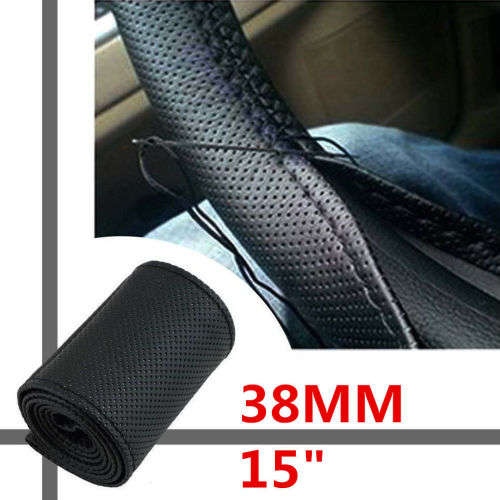 BLACK PU Leather Car Auto Steering Wheel Cover 38cm Non-Slip With Needles and Thread
