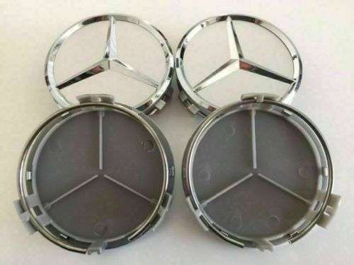 4x 75mm Chrome (Silver Background) Plastic Wheel Centre Cap for Mercedes Benz