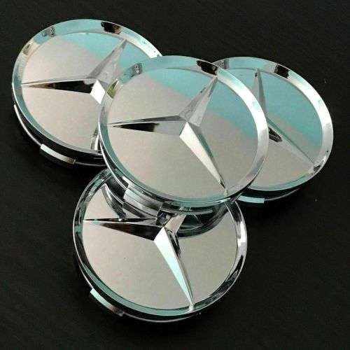 4x 75mm Chrome (Silver Background) Plastic Wheel Centre Cap for Mercedes Benz