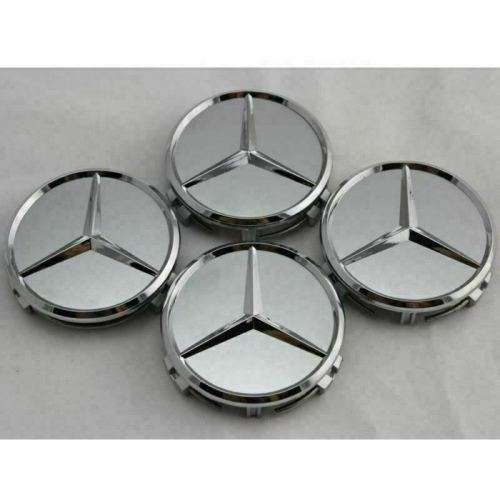 4x 75mm Chrome (Silver Background) Plastic Wheel Centre Cap for Mercedes Benz