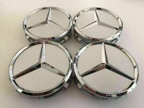 4x 75mm Chrome (Silver Background) Plastic Wheel Centre Cap for Mercedes Benz