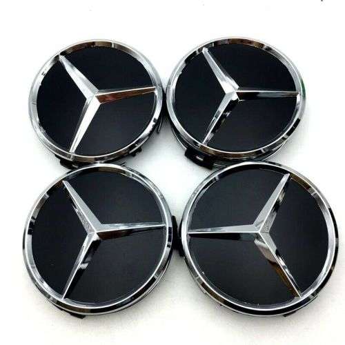 4x 75mm Chrome (Black Background) Plastic Wheel Centre Cap for Mercedes Benz