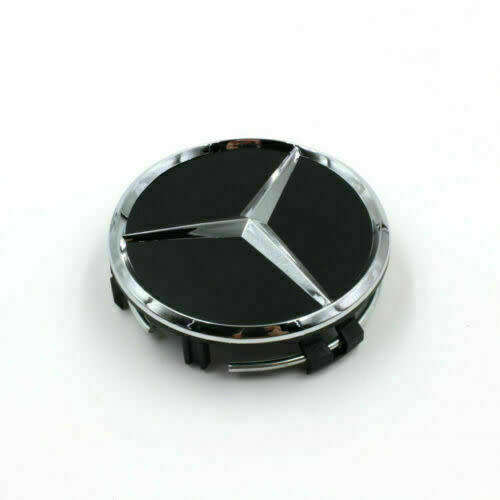 4x 75mm Chrome (Black Background) Plastic Wheel Centre Cap for Mercedes Benz