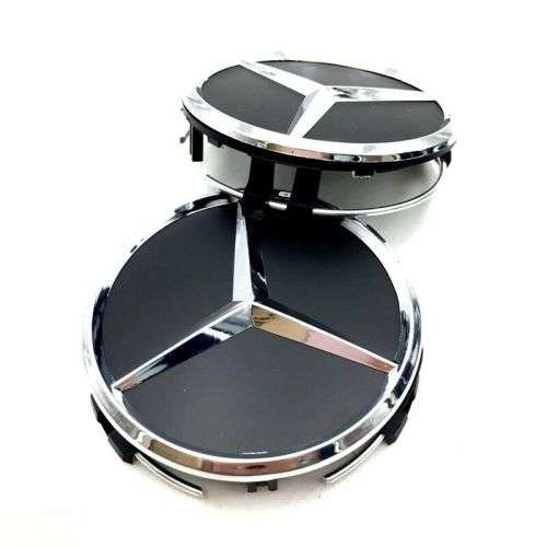 4x 75mm Chrome (Black Background) Plastic Wheel Centre Cap for Mercedes Benz