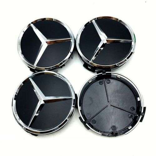 4x 75mm Chrome (Black Background) Plastic Wheel Centre Cap for Mercedes Benz