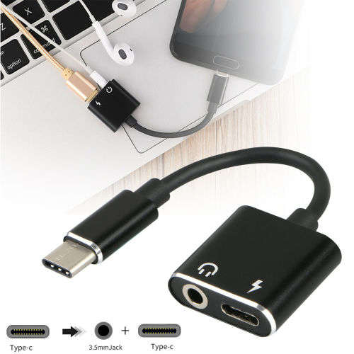 USB C Type-C Adapter 2-in-1 Audio Type C Cable to 3.5mm Headphone Connector