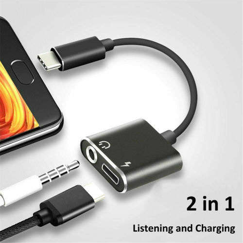 USB C Type-C Adapter 2-in-1 Audio Type C Cable to 3.5mm Headphone Connector