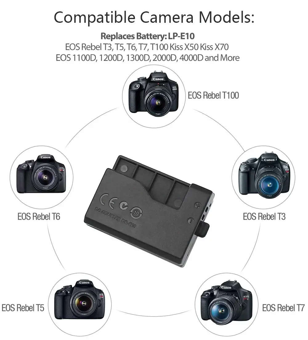 Power Bank LP-E10 Type C Cable DR-E10 ACK-E10 DC Coupler -Canon EOS 1200D 1300D 1500D X50 - X90 T5&6